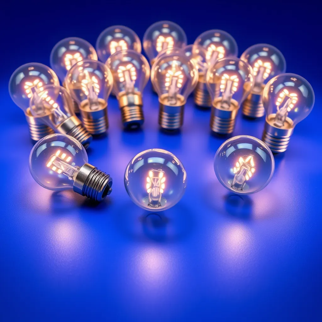 Multiple white LED light bulbs arranged on a solid blue background.