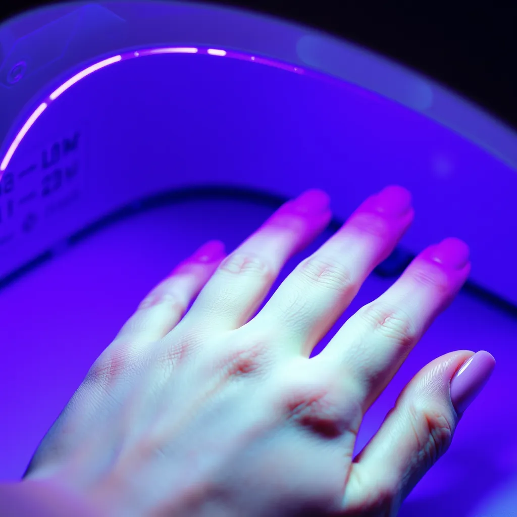 Hand with gel nails under a UV LED nail curing lamp