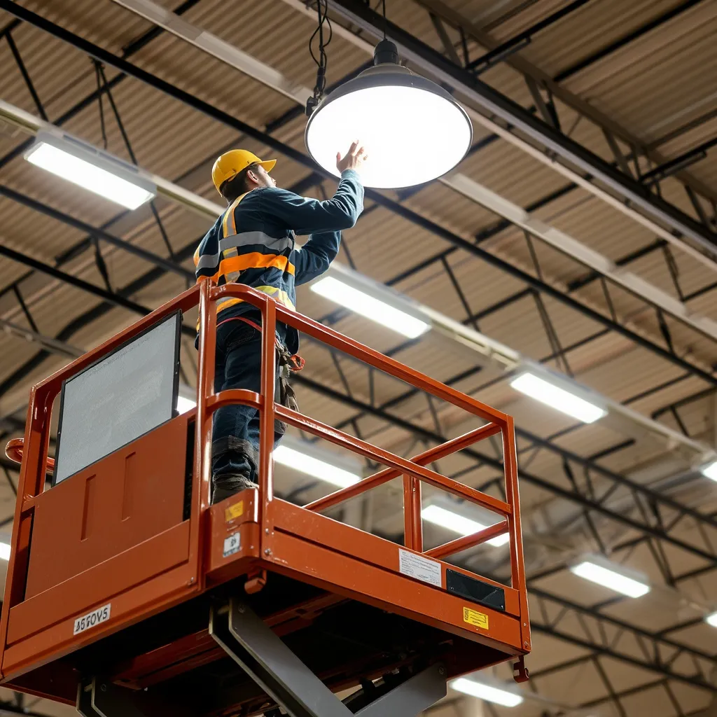 Electrician maintaining high-ceiling warehouse lighting