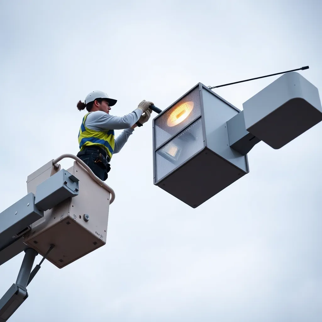 Electrician maintaining outdoor lighting infrastructure