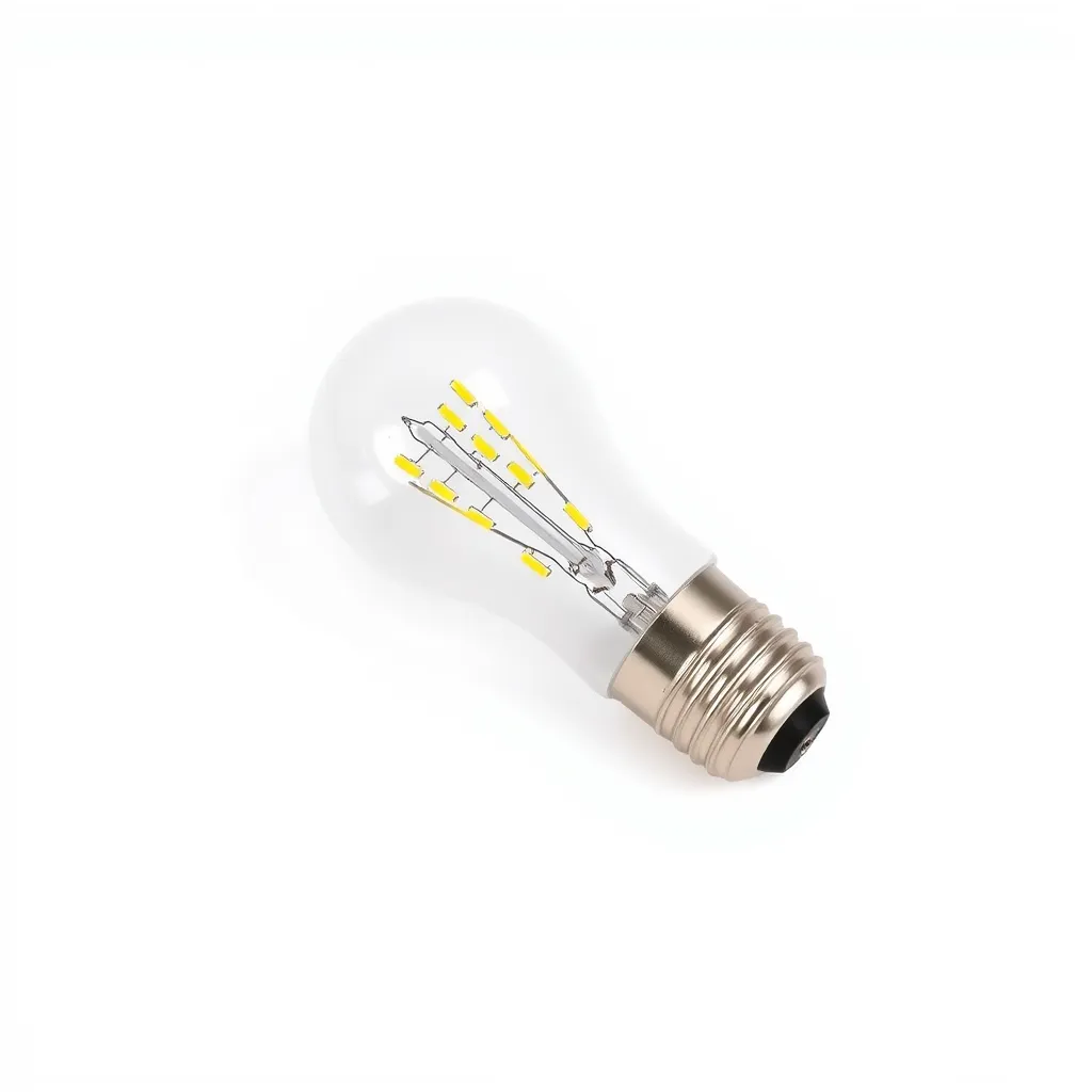A close-up view of a clear glass LED filament bulb sitting on a plain white surface.
