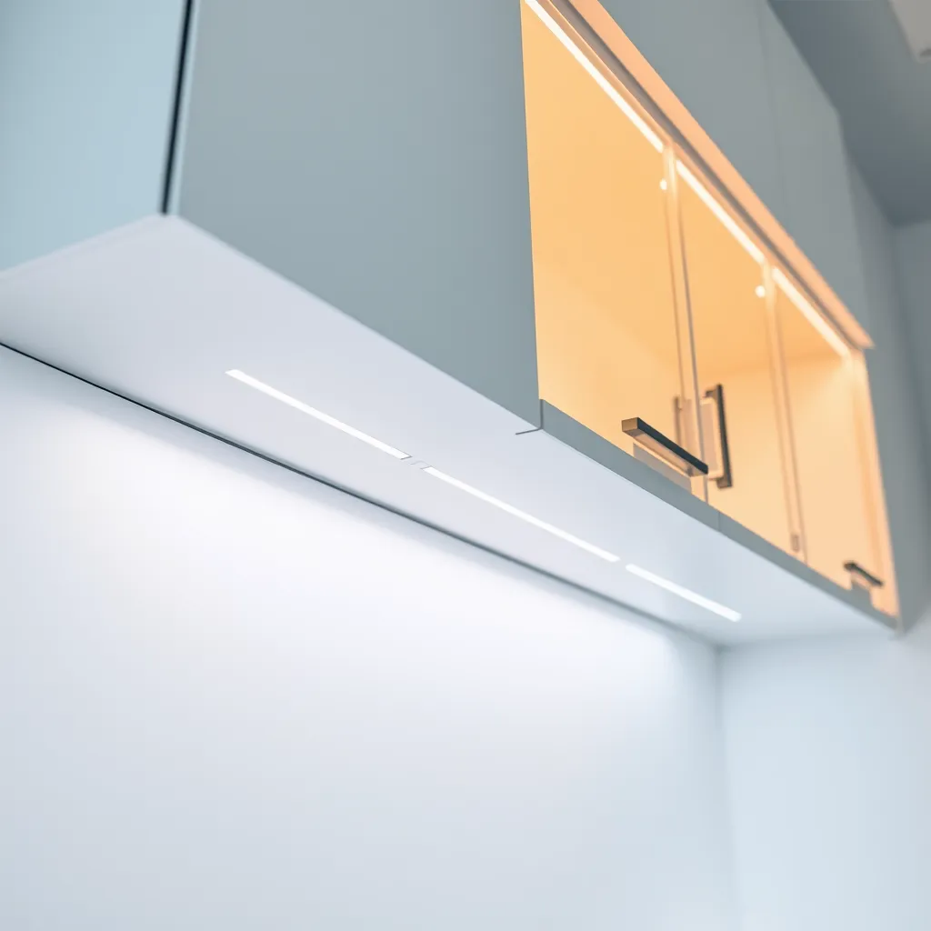 A sleek silver integrated LED light bar used for under-cabinet lighting.
