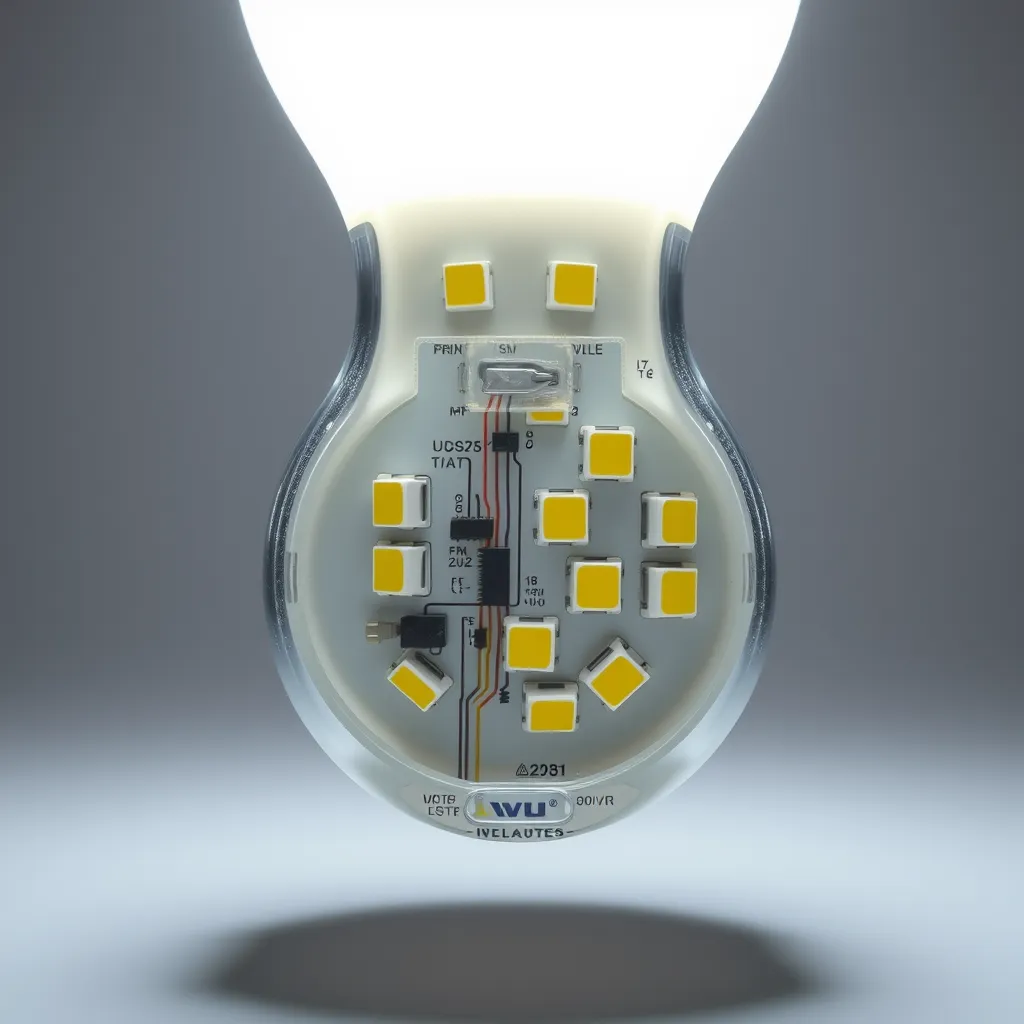 Detailed internal view of an LED bulb showing the driver and heat sink
