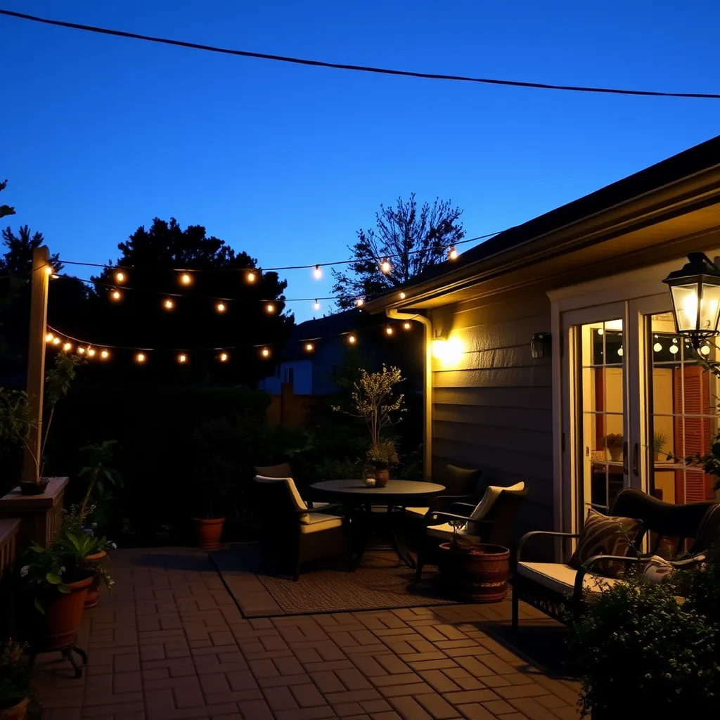An outdoor patio with warm white LED string lights and a porch light, creating an inviting atmosphere with few visible insects