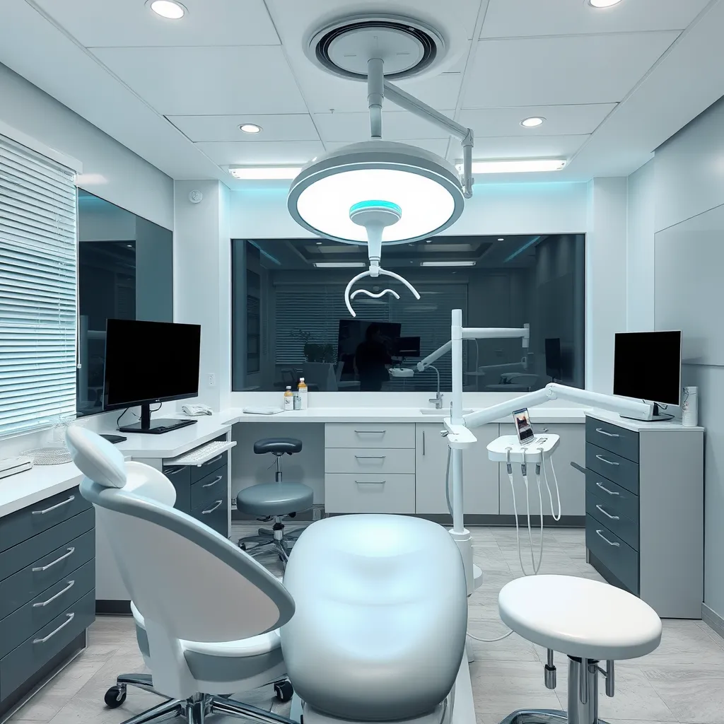 Professional dental whitening lamp positioned in front of a chair