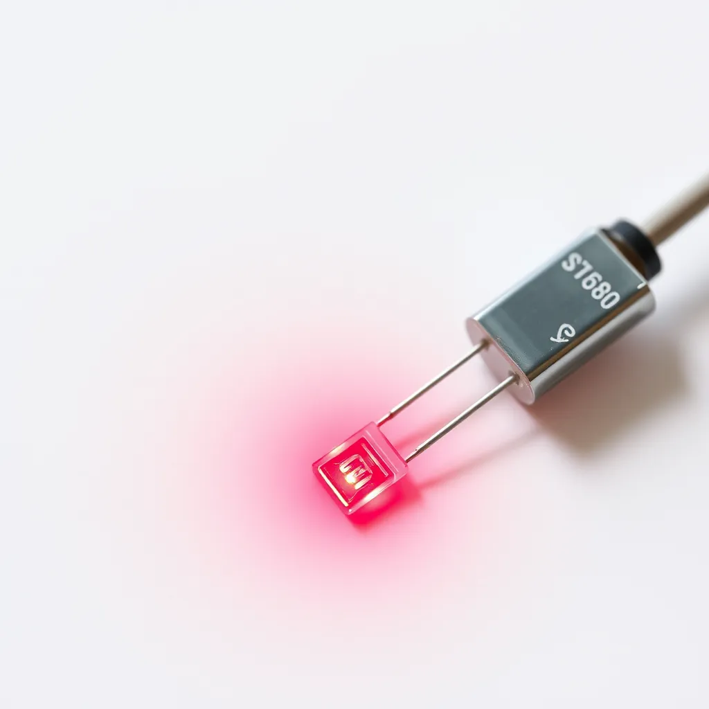 A single small red LED diode on a plain white surface.