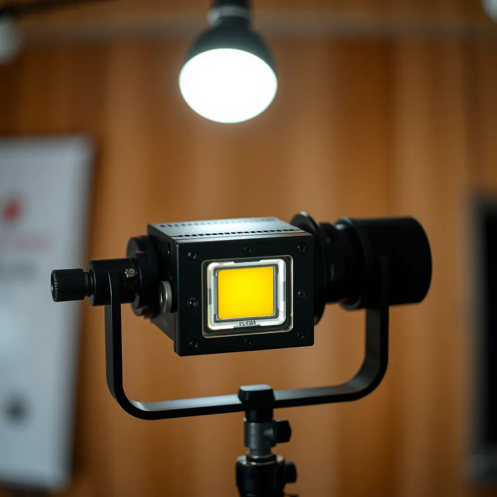 A large studio spotlight with a single visible COB chip in the center