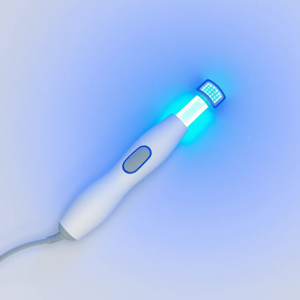 A portable handheld device emitting blue LED light for skin treatment