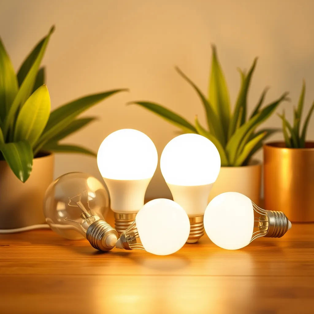 A collection of LED bulbs with different color temperatures displayed together.