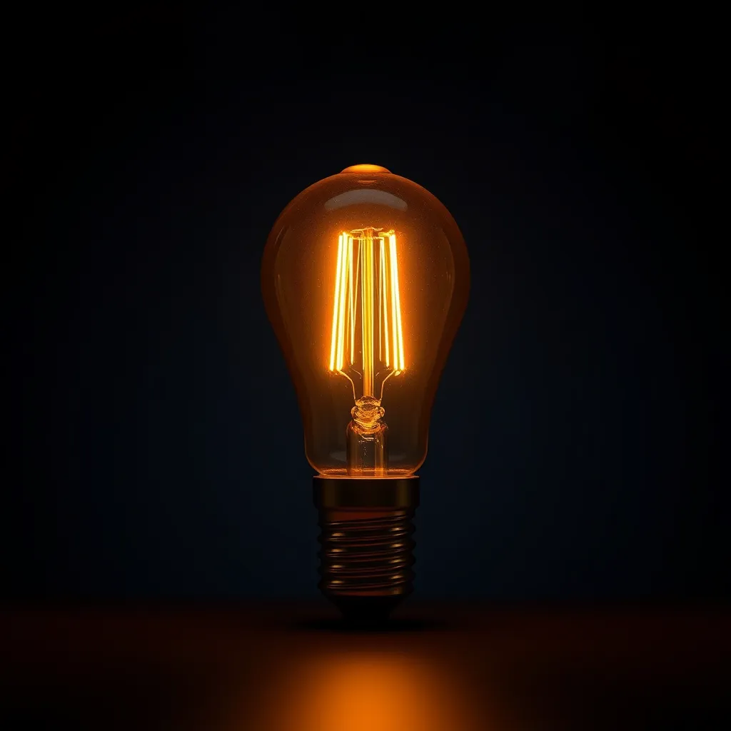 A single LED bulb glowing with a warm amber light against a dark backdrop.