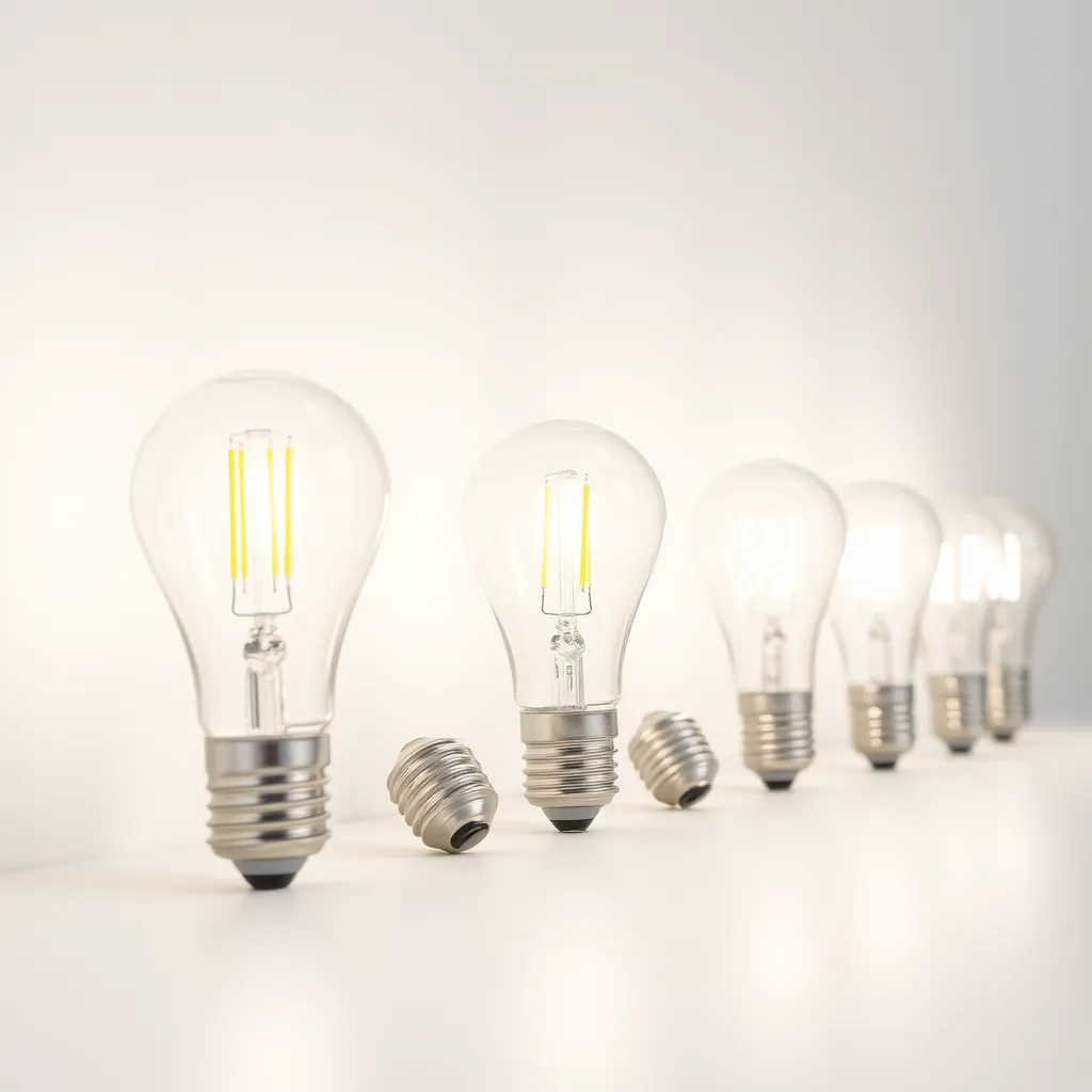 Several new LED light bulbs lined up on a white table.