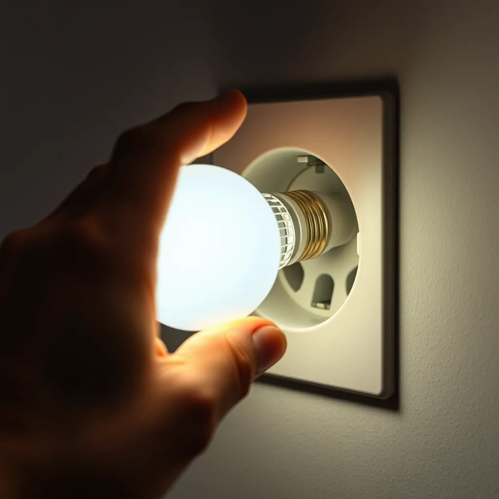 A close up of a hand installing an LED bulb.